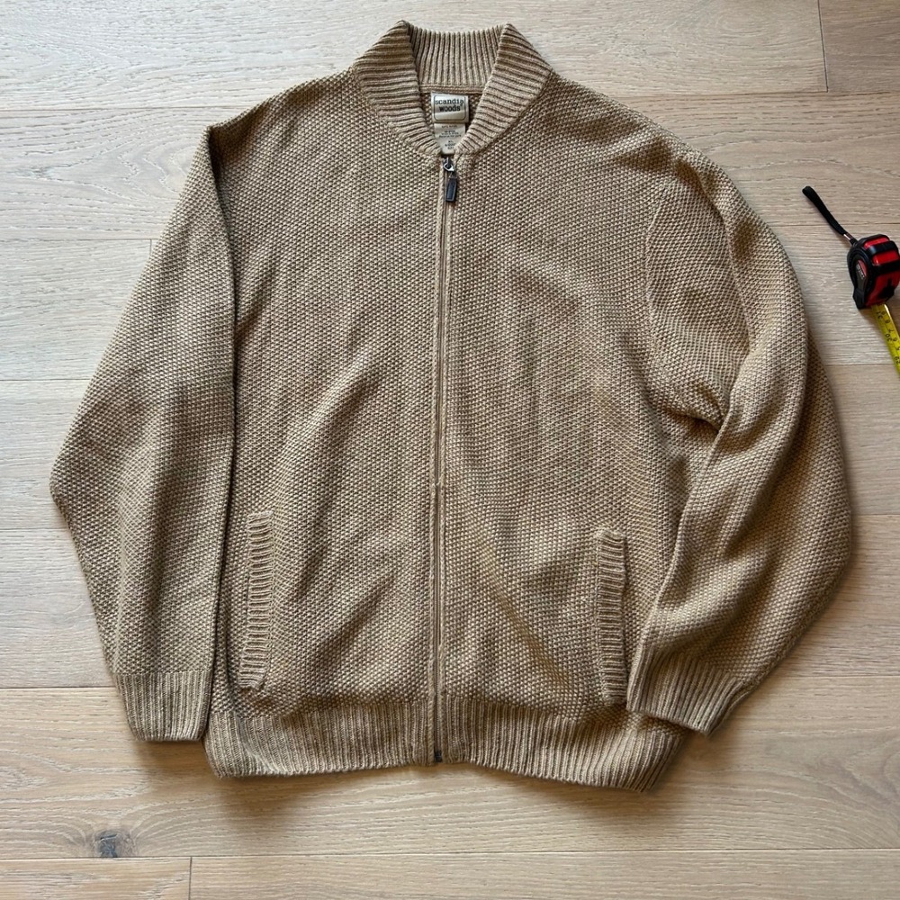 Scandia Woods Mens XL Full Zip Cardigan Sweater Tan Textured Knit Mock Neck 0641